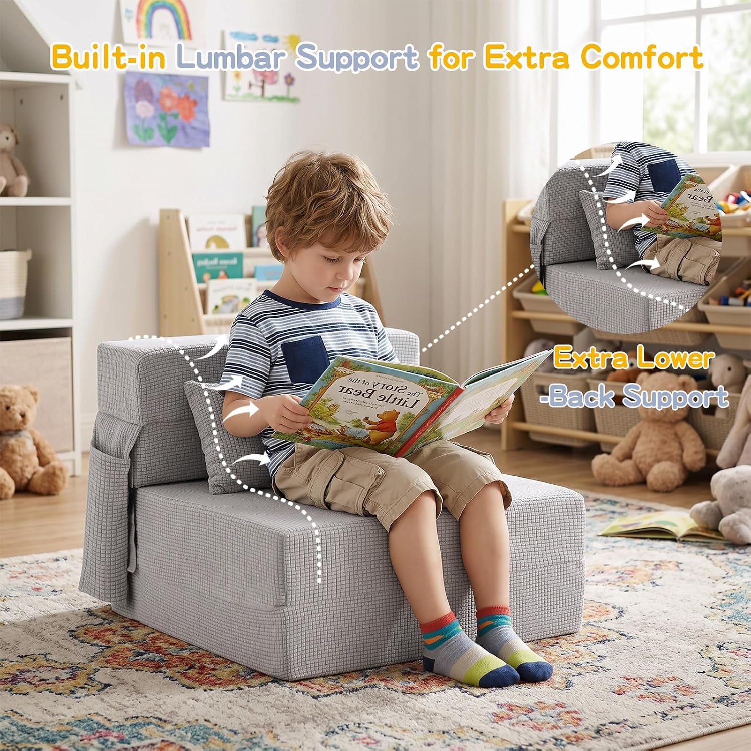 Child reading while seated on the mattress folded into a low chair with visible back/lumbar support and a small pillow in a