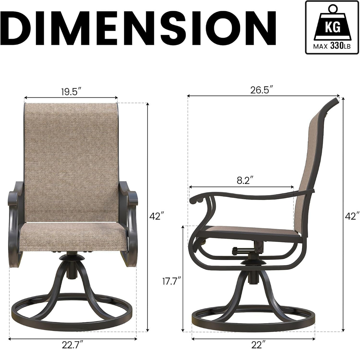 Dimension diagram of a high-back swivel patio chair showing 42" height, 19.5" seat width, 26.5" depth and base diameter