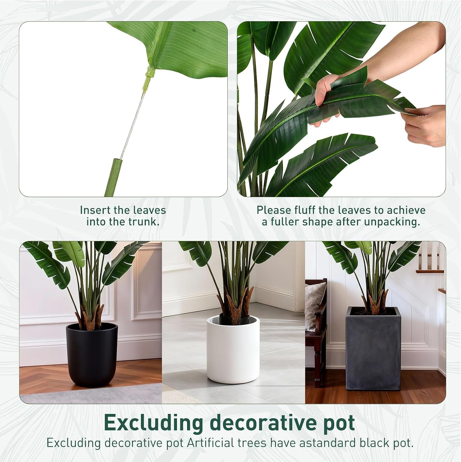 Close-up insert and fluffing steps plus three decorative planter examples beside the black nursery pot