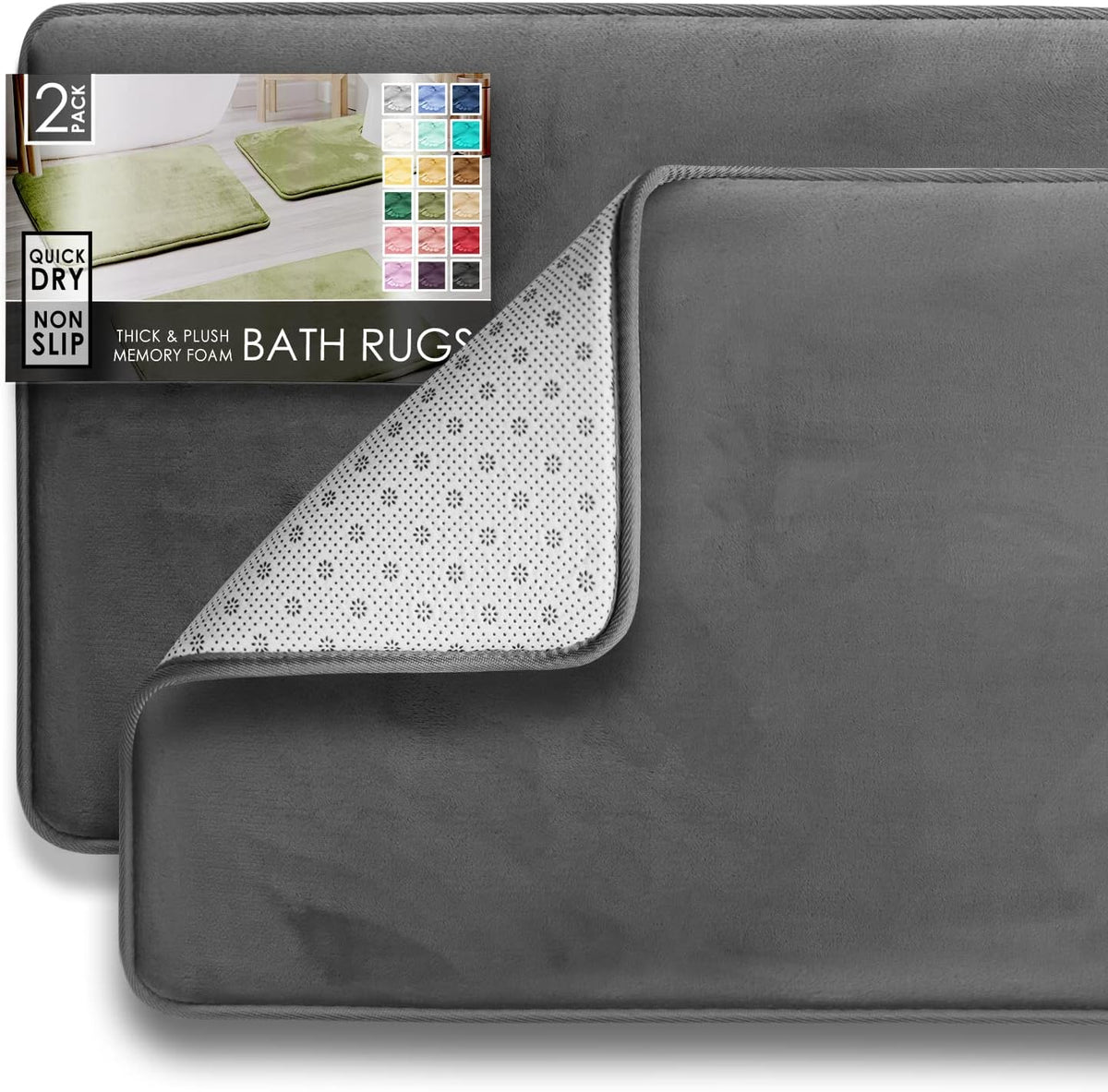 Flat lay of two gray memory-foam bath rugs, one corner peeled back to reveal the dotted non-slip underside.