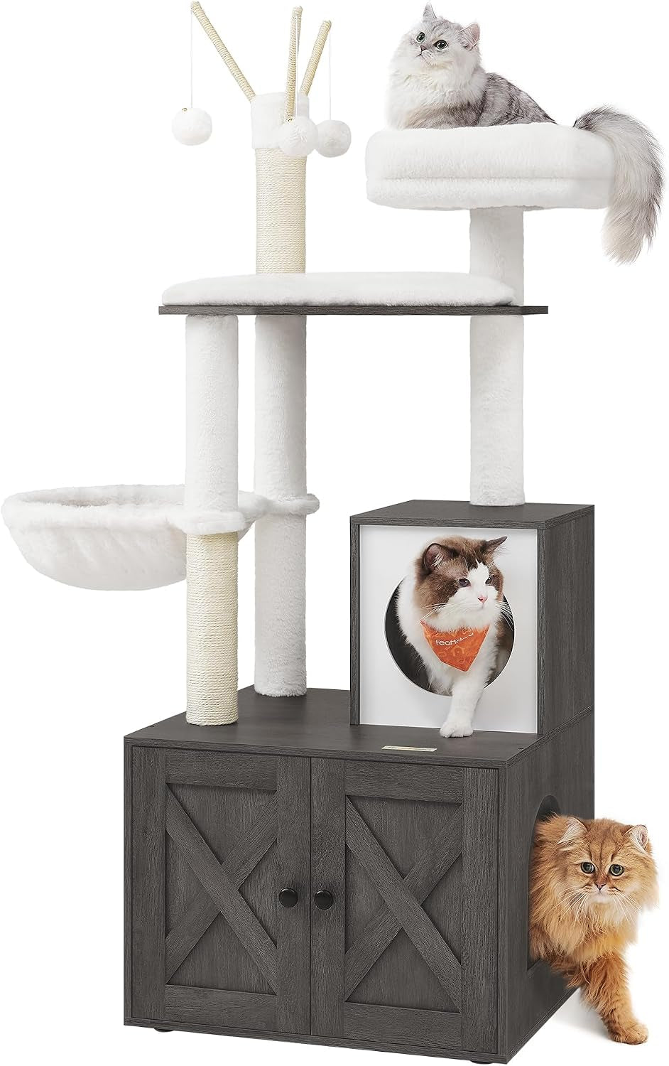Tall cat tree with a dark gray barn-style base cabinet, enclosed cubby, white plush platforms, hammock, sisal scratching