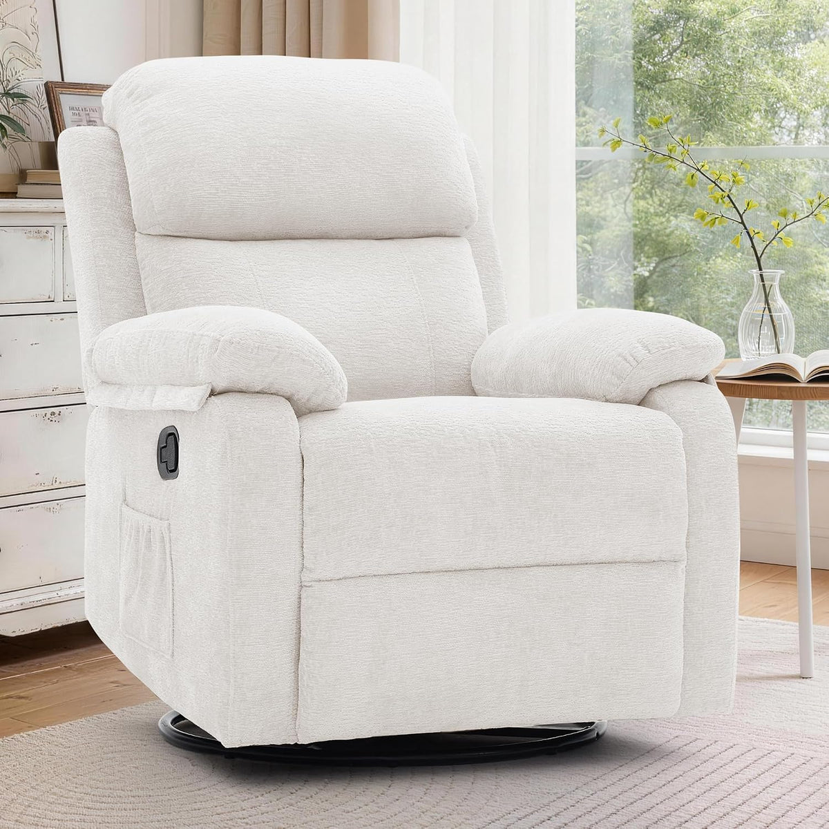 Off-white fabric glider recliner shown near a window and side table with vase.