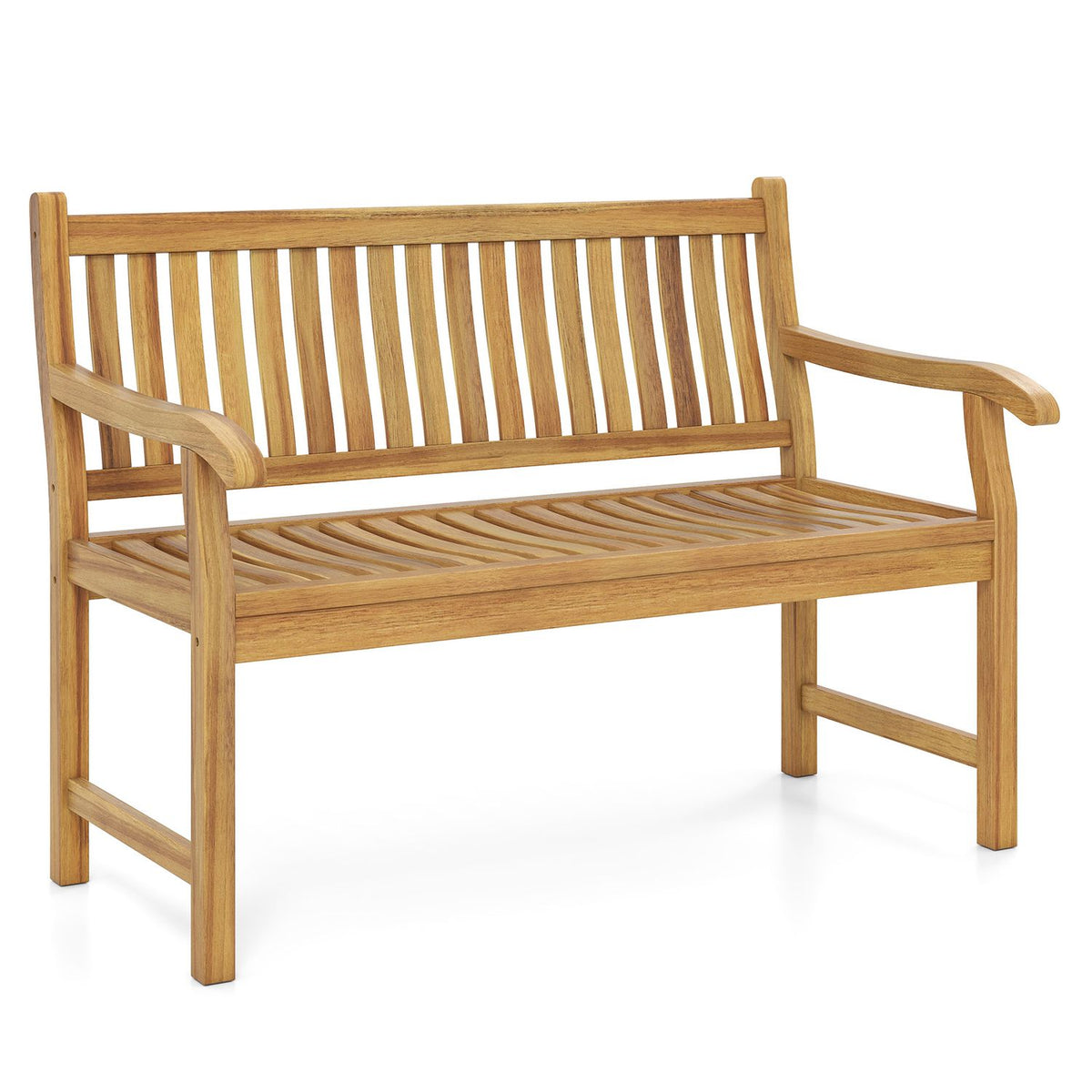 Three-quarter view of a slatted wooden garden bench against a white background.