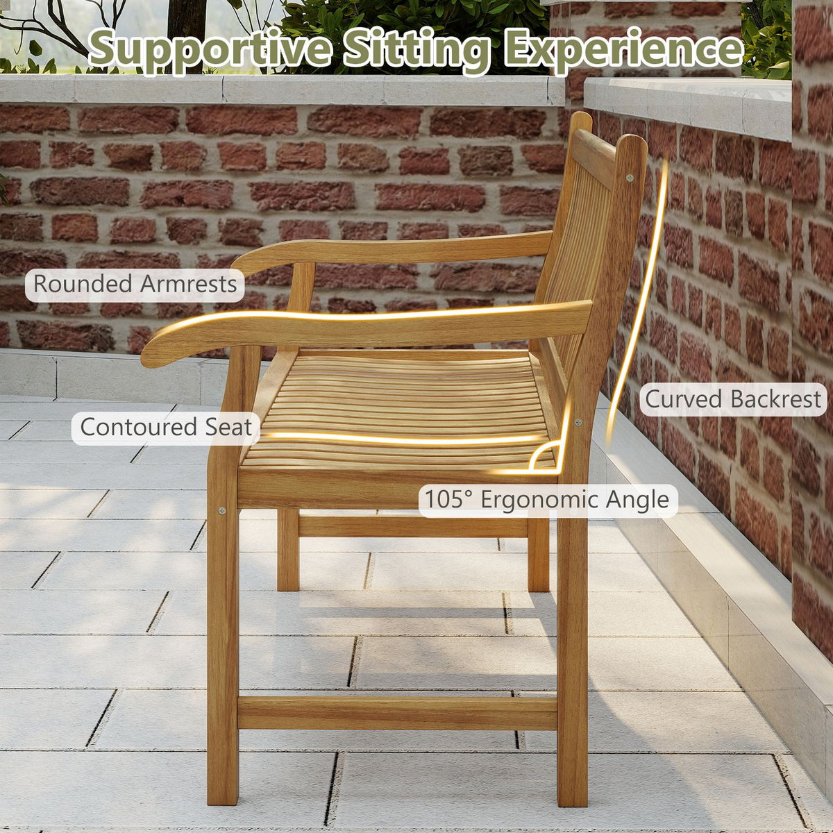 Side view of a wooden garden bench showing its curved armrests, slatted seat, and angled backrest.