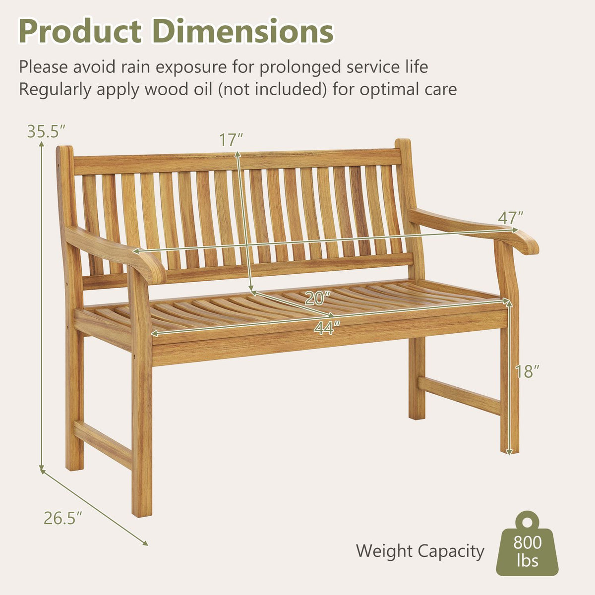 Wooden garden bench shown with measurement arrows and a weight-capacity icon.