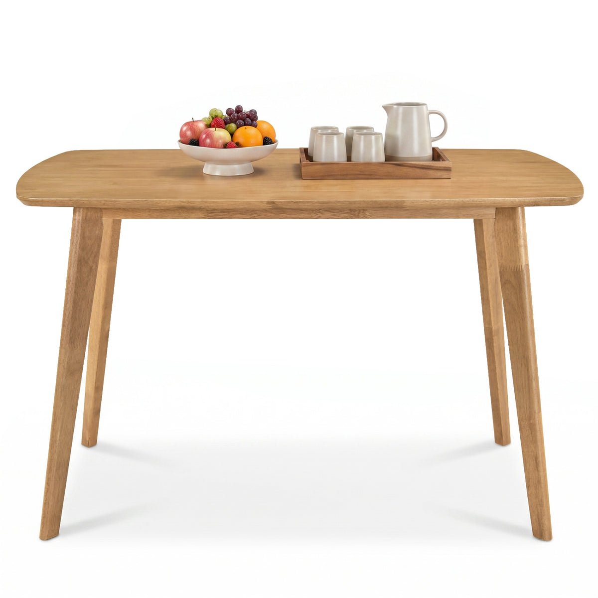 Natural wood dining table shown straight-on against a white background
