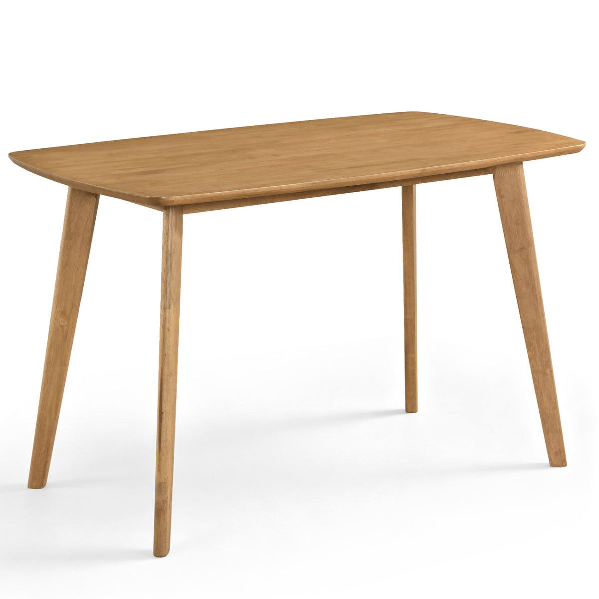 Natural wood dining table with angled legs, shown from a front corner