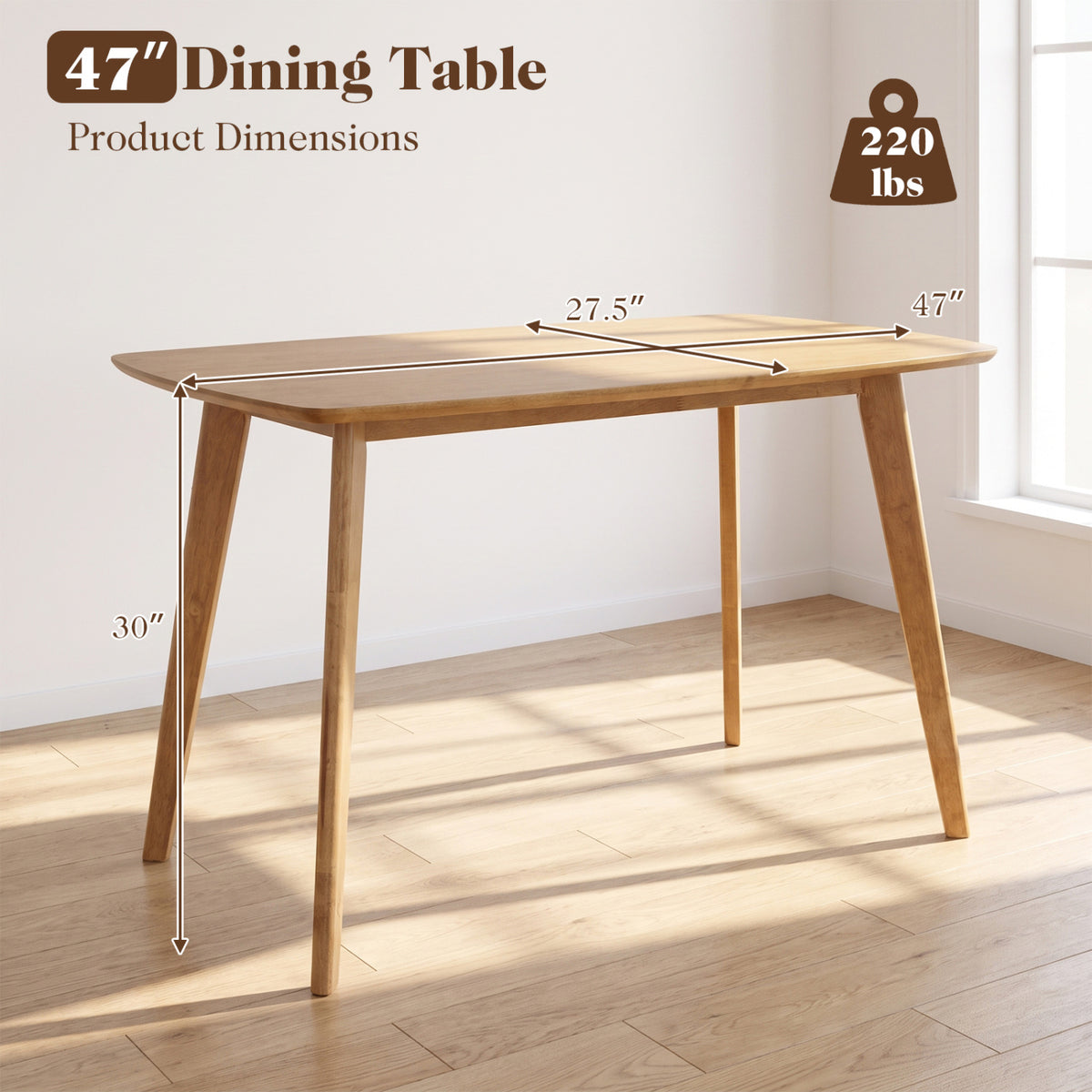 Natural wood dining table in a bright room with dimension labels