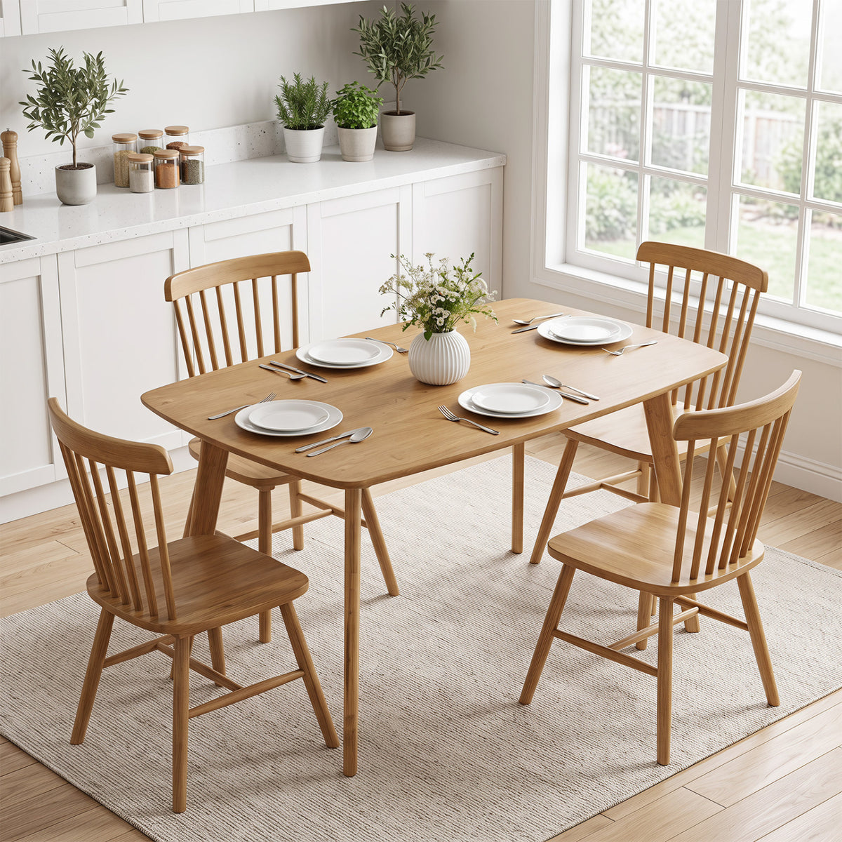 Natural wood dining table surrounded by four chairs in a bright kitchen