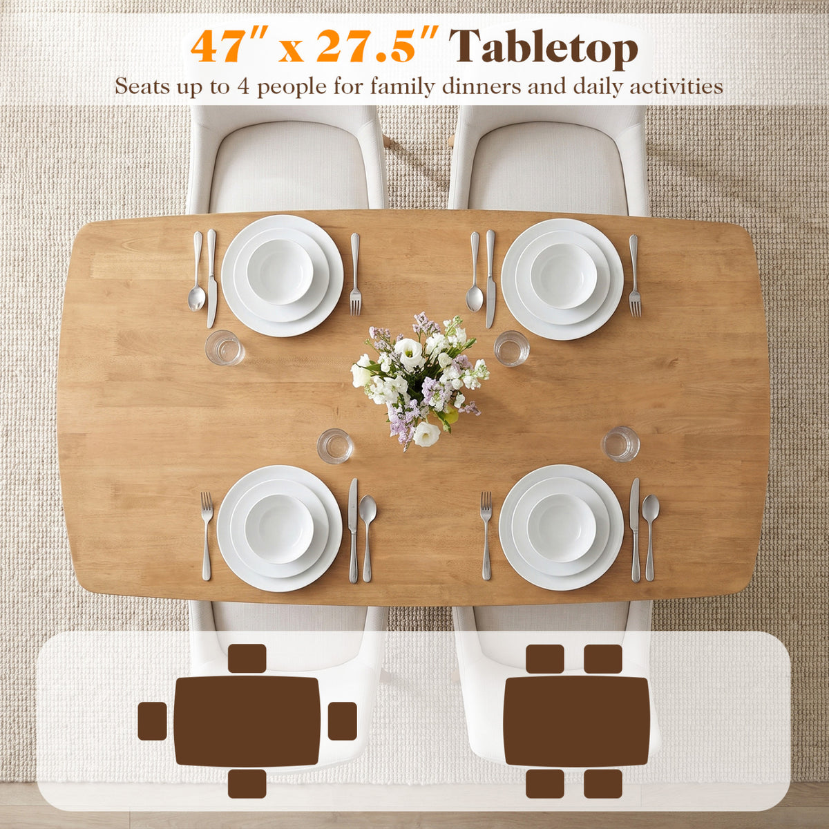 Overhead view of a natural wood dining table set with four place settings and a small flower arrangement.