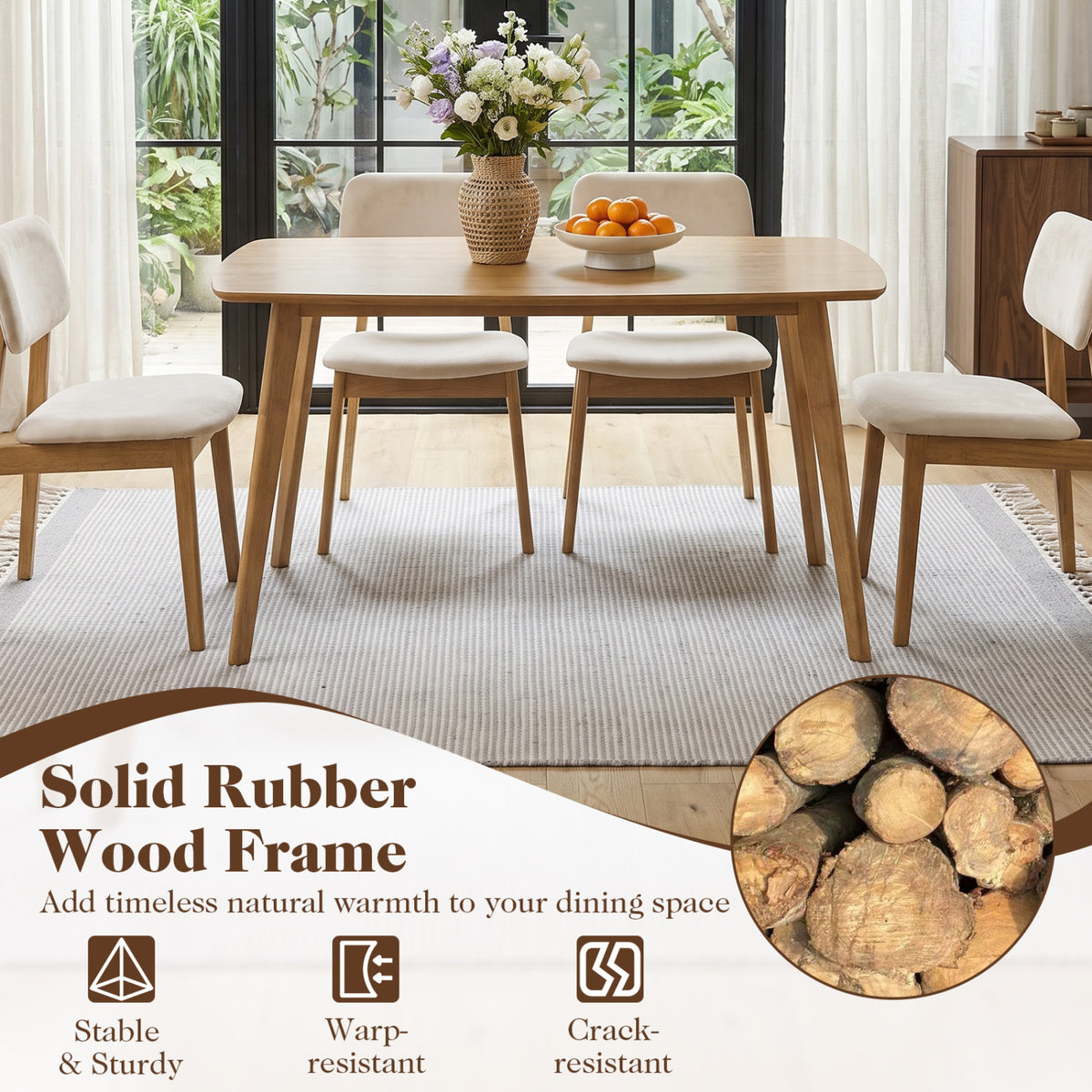 Natural wood dining table with four upholstered chairs, flowers and fruit, beside a circular close-up of wood logs.