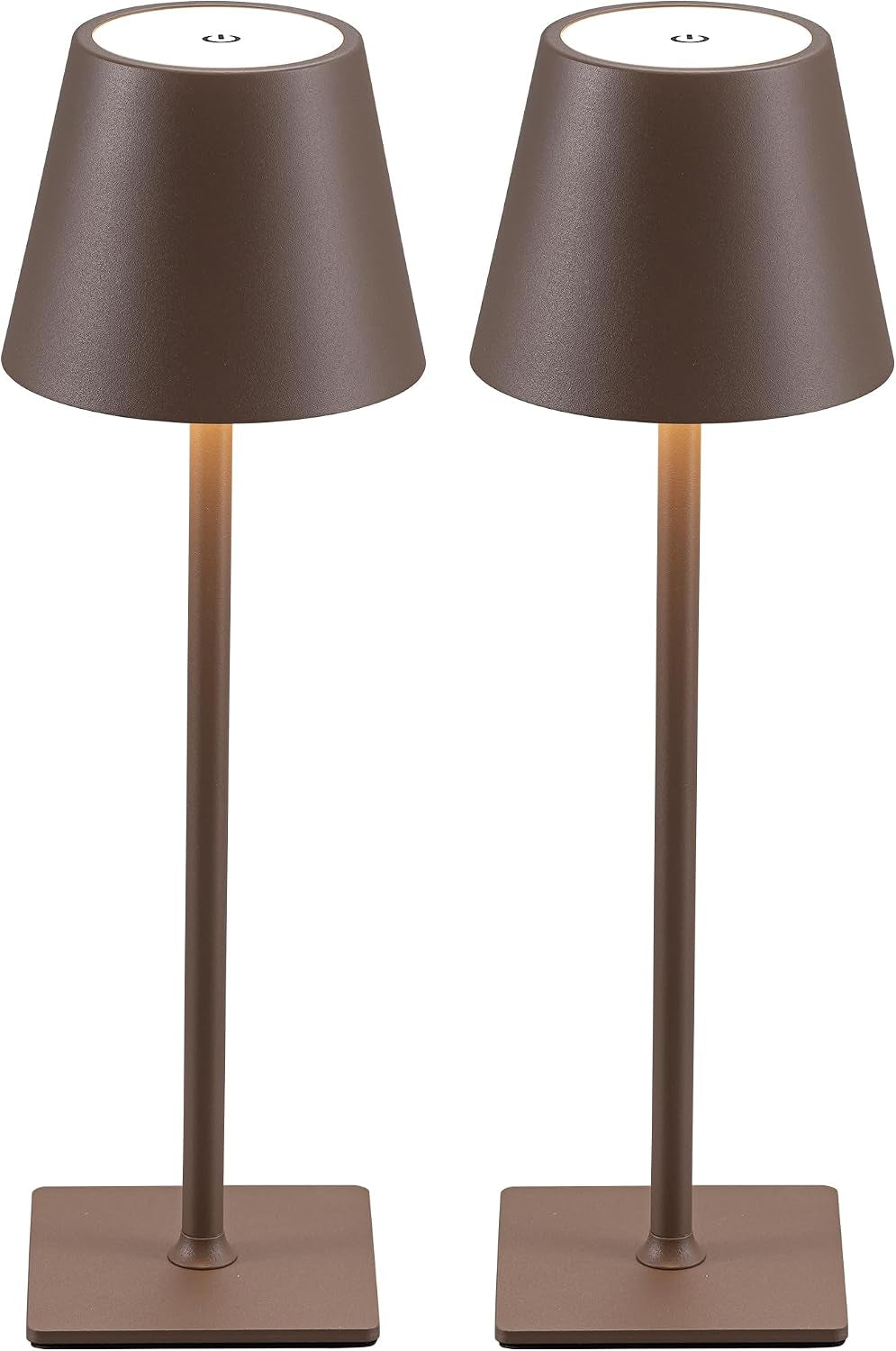 Two brown lamps with a warm glow visible where the stem meets the shade