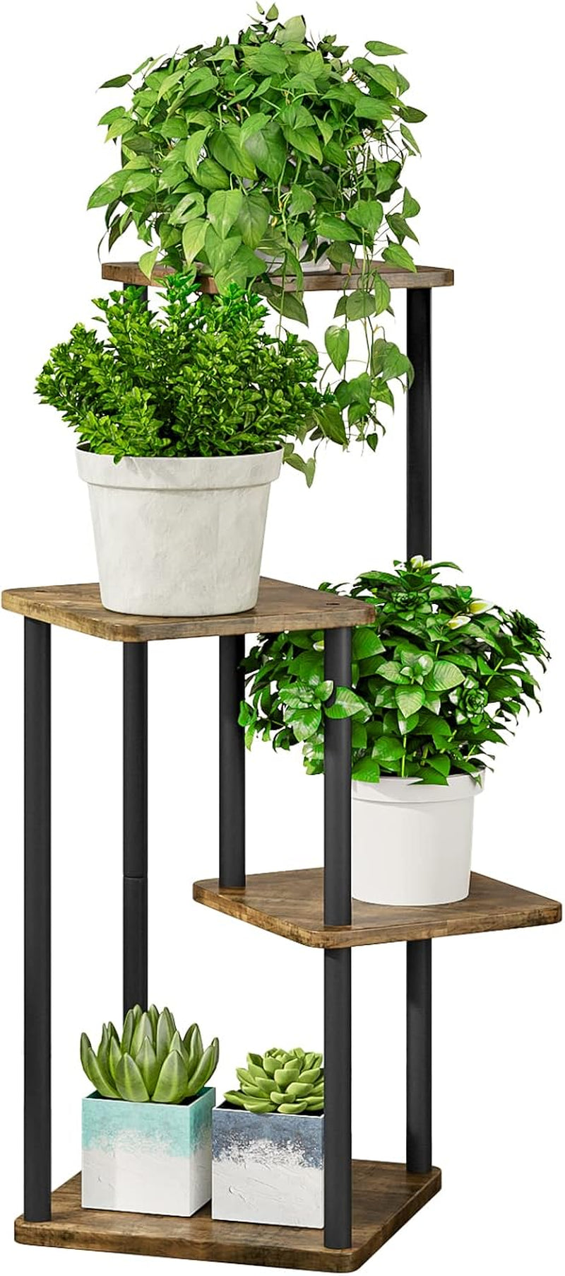 Cropped detail of middle tiers with black metal posts and two small square succulent pots on the bottom shelf