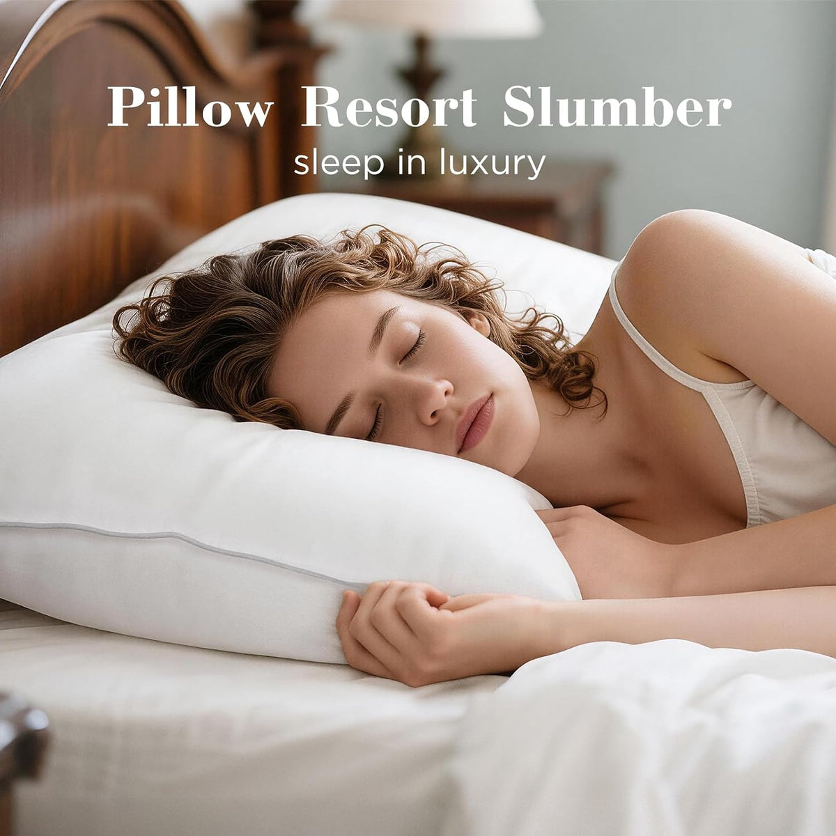 Side view of a woman sleeping with her head on a white pillow in a bedroom setting illustrating support