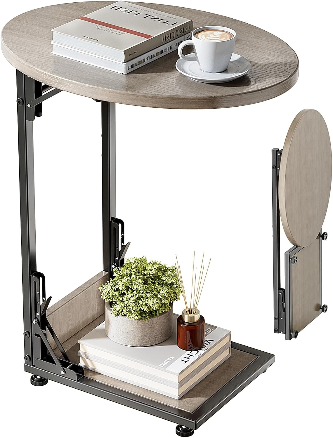 Studio image of the table with books, plant and cup on the top and the tabletop shown detached and folded to the side.