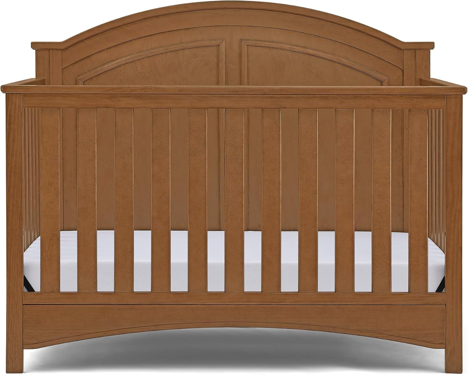 Front view of a light brown wooden crib with arched headboard and vertical slats.