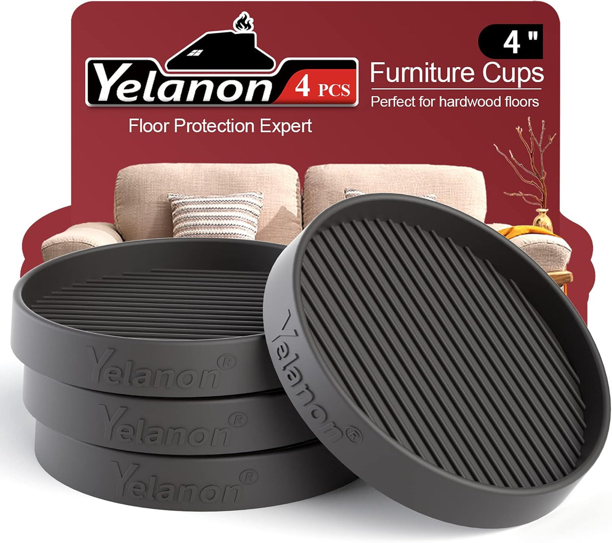 Close-up of stacked dark gray round ribbed furniture cups with red product card behind.