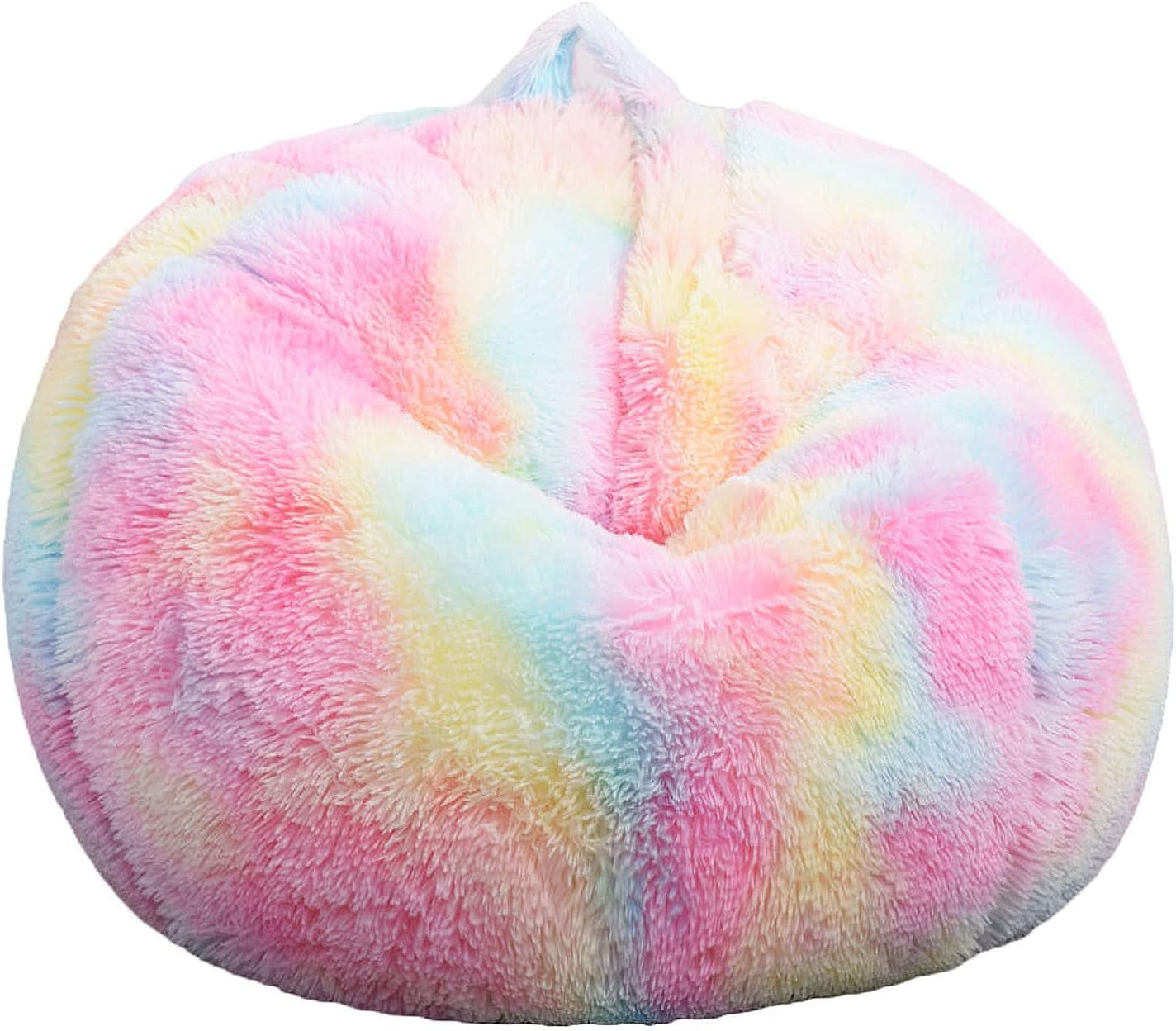Front view of round pastel rainbow faux-fur bean bag chair on white background