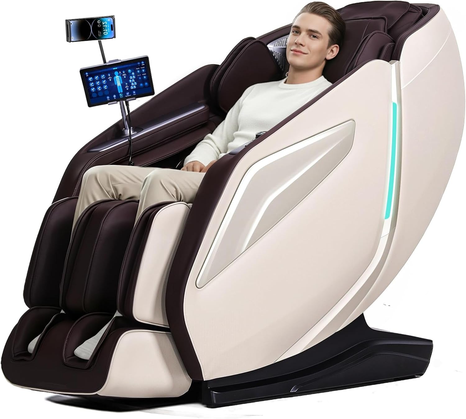 Beige and dark brown full‑body massage chair with a man reclining, a mounted tablet and phone visible beside him.
