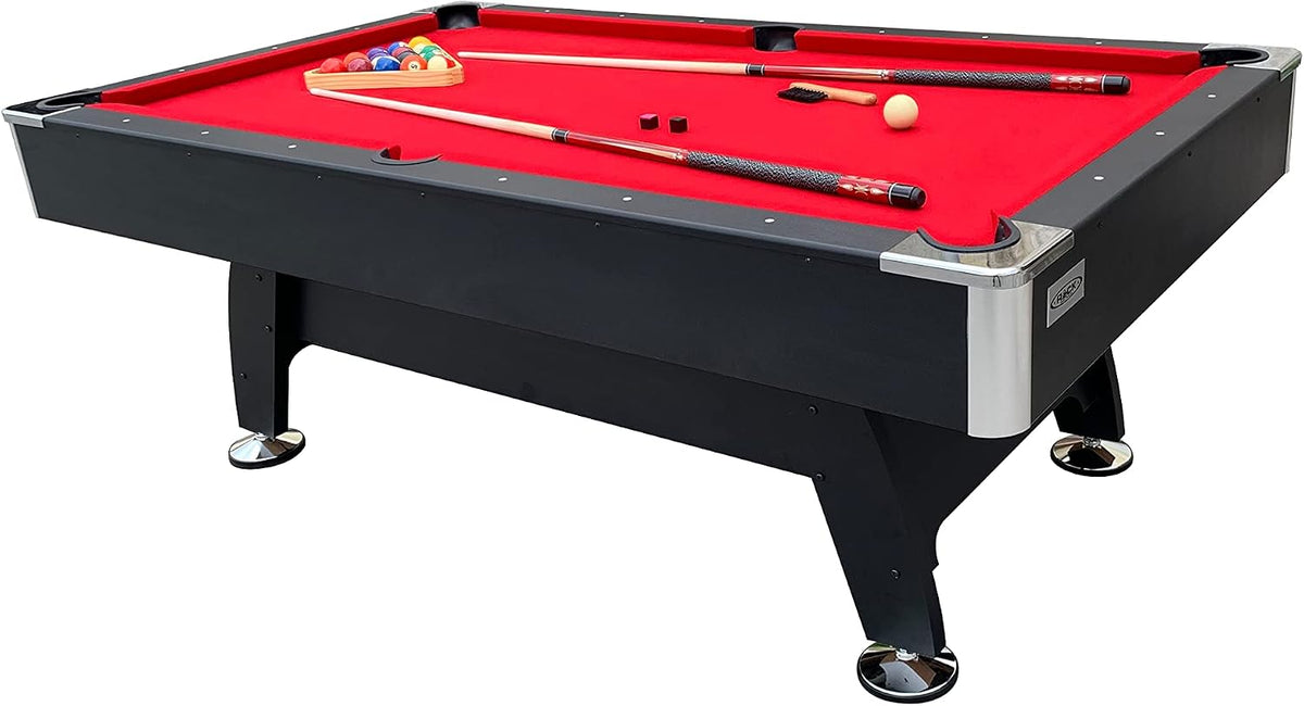 Side-front view of black pool table showing red felt and two 57-inch maplewood cues on playfield.