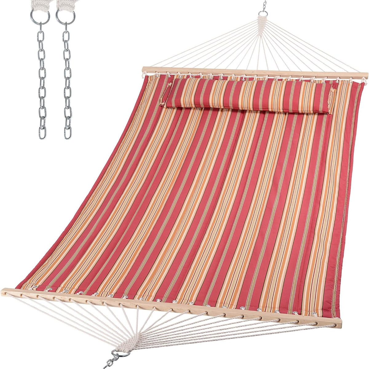 Red and tan narrow-striped quilted double hammock with hardwood spreader bars and detachable pillow.