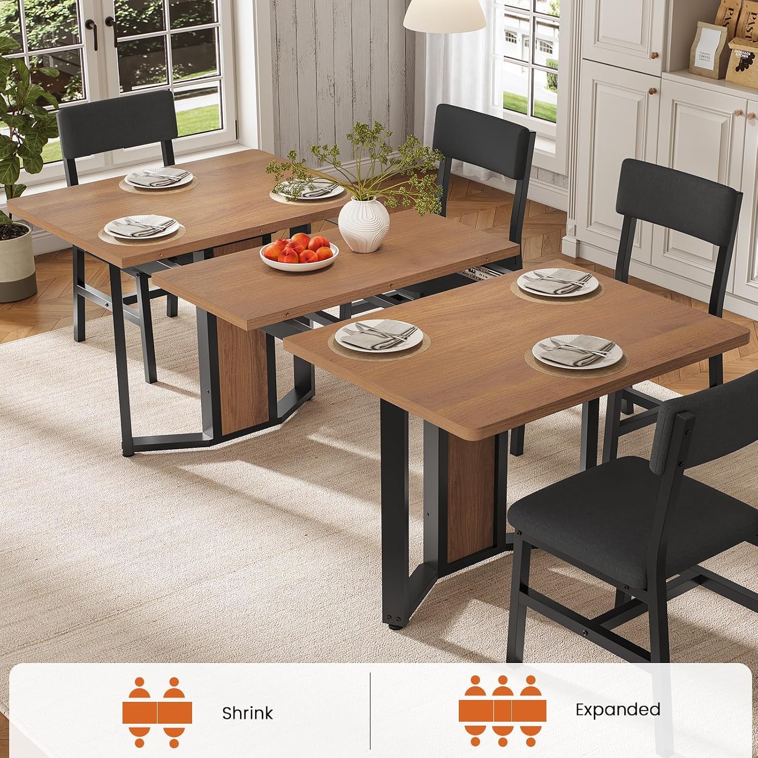 Brown tabletop shown pulled apart around its center leaf, with four black chairs and shrink/expanded labels.