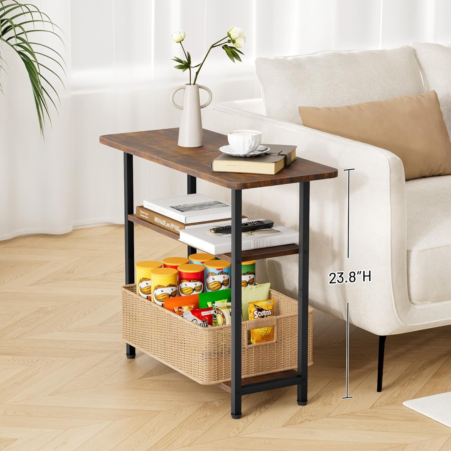 Brown three-tier side table next to sofa showing 23.8" height with basket stored on bottom shelf