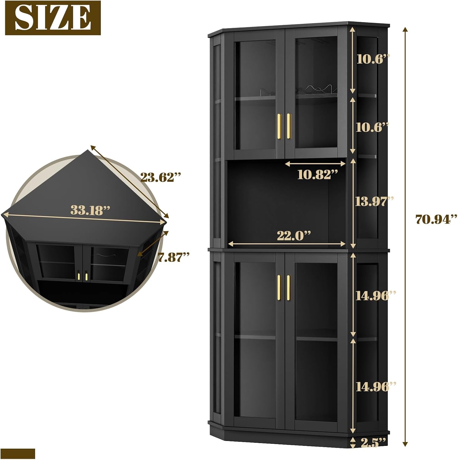 Black corner wine cabinet dimensional diagram showing front and top measurements and labeled shelf heights