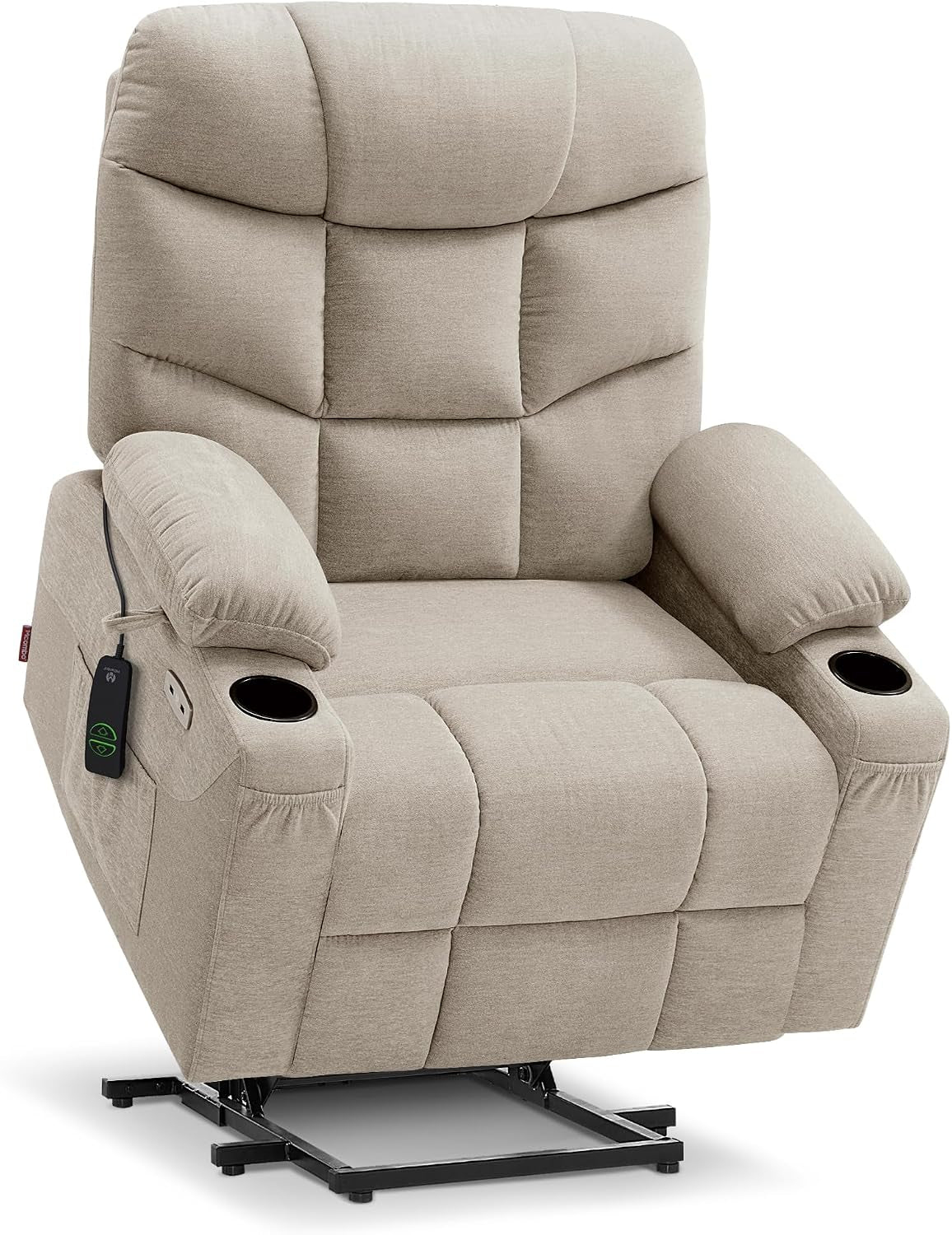 Light beige fabric lift recliner angled forward, showing cup holders, handheld remote and base.