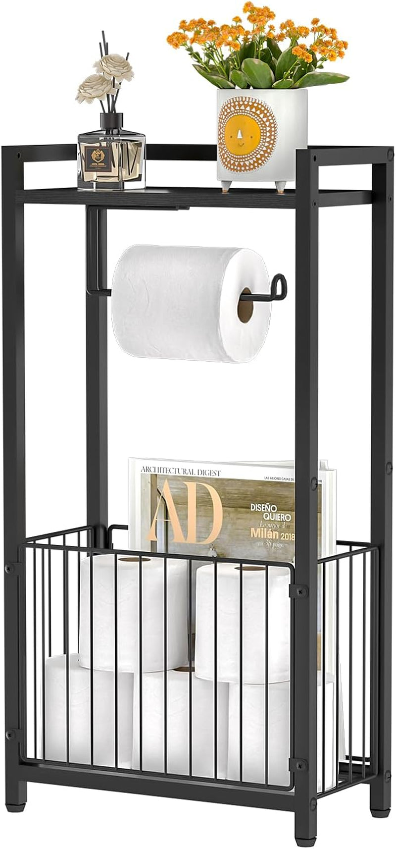 Black freestanding toilet paper holder with top shelf, roll spindle and bottom wire basket holding toilet rolls and a magazin