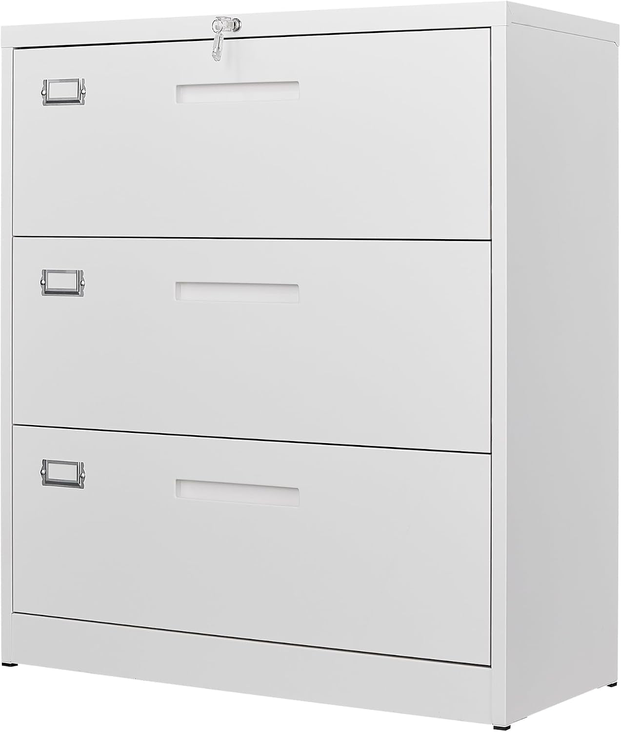White three-drawer style filing cabinet front shown straight-on with label holders on drawers.
