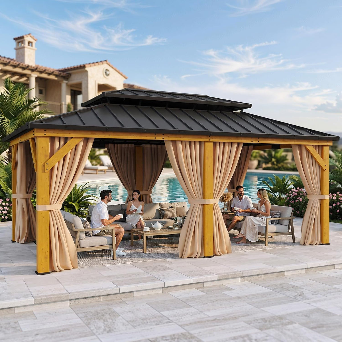 Wooden 12x20 gazebo with double-tier black hardtop and tied-back beige curtains beside a pool with seating