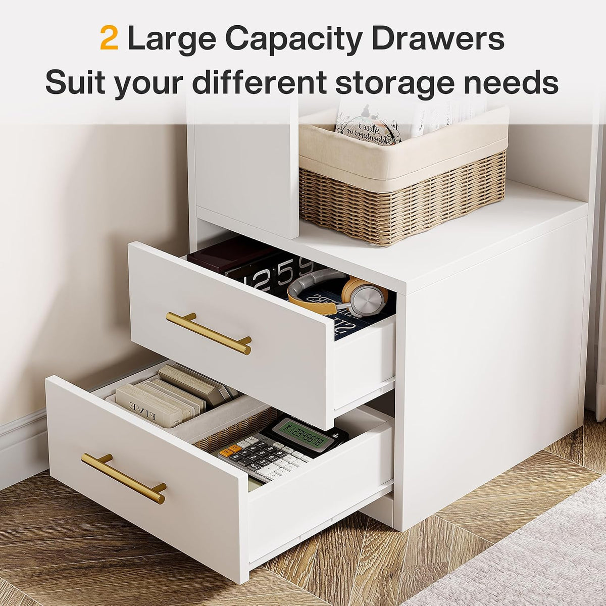 Close-up of two open white drawers with gold bar handles on the corner bookshelf.