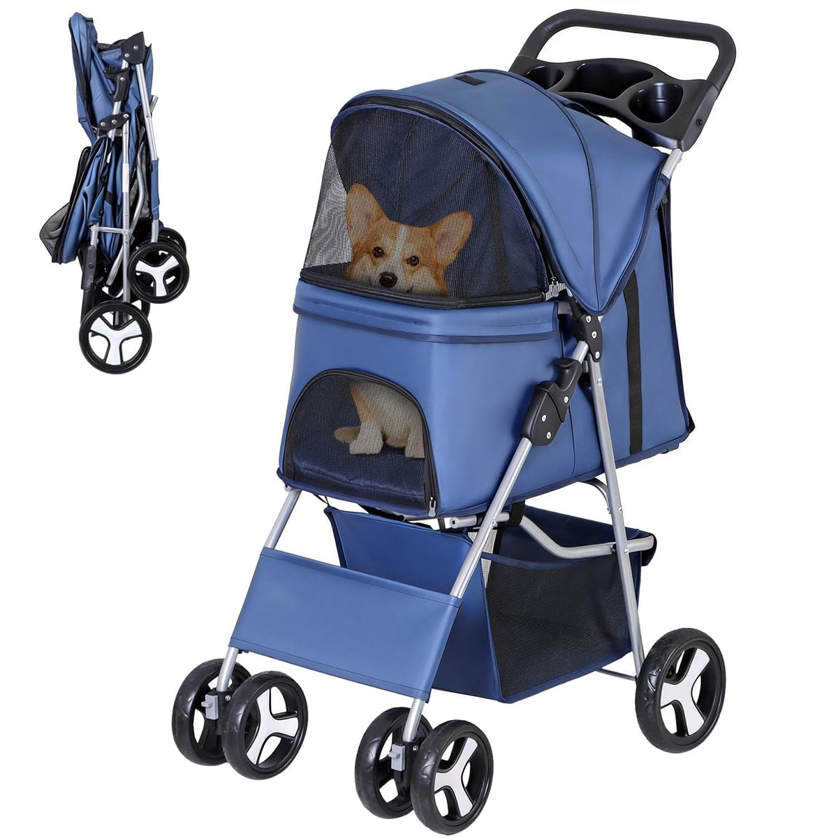 Blue pet stroller front three-quarter view with a corgi peeking through the mesh window.