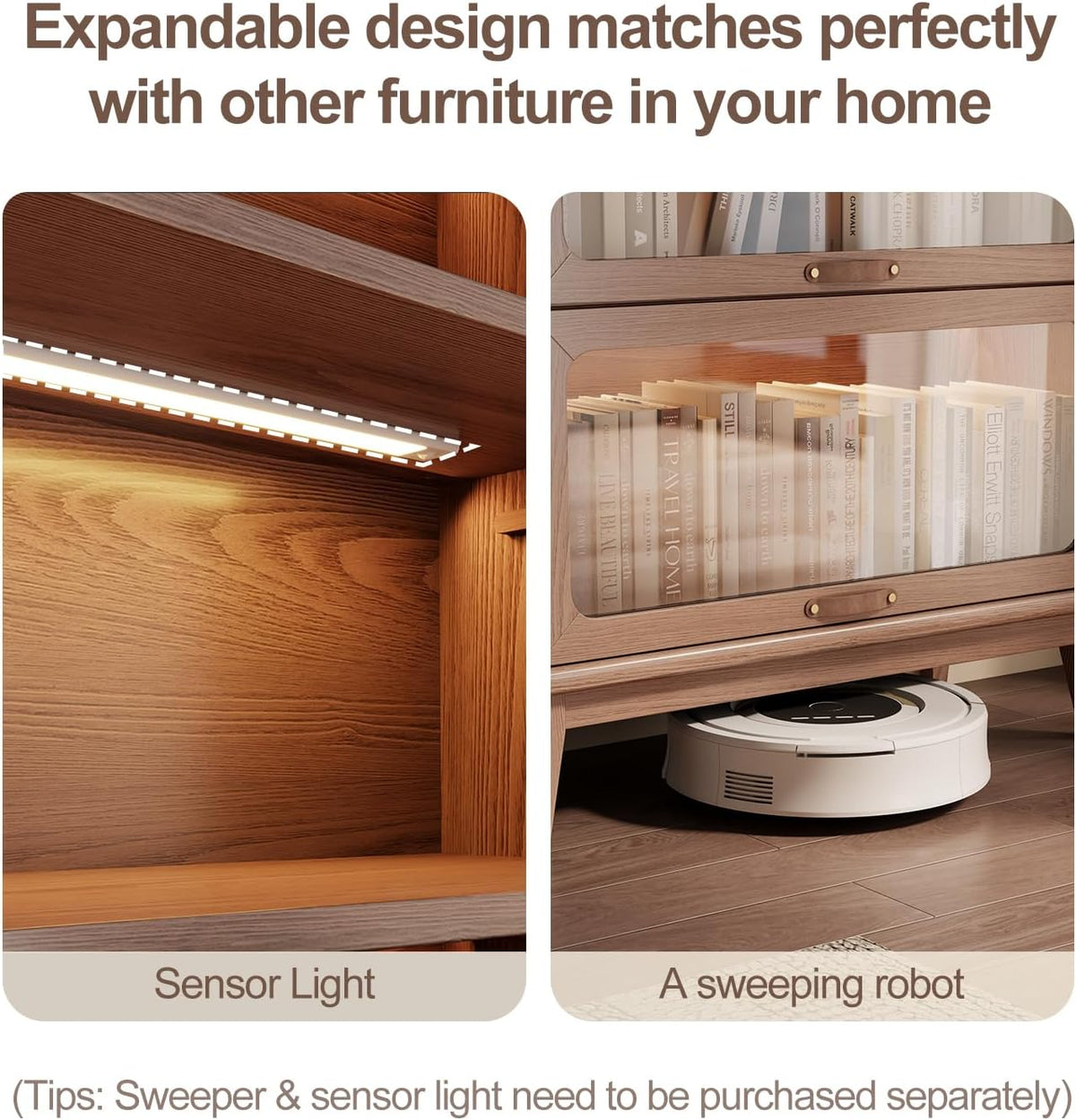 Left shows an LED sensor light mounted under a shelf; right shows the bookcase base with a robot vacuum tucking beneath the
