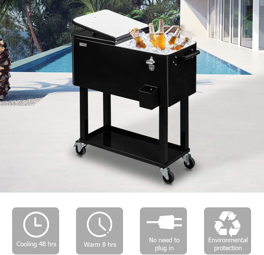 Black rolling ice chest on a stand pictured outdoors beside a pool, lid open and filled with ice and bottles.