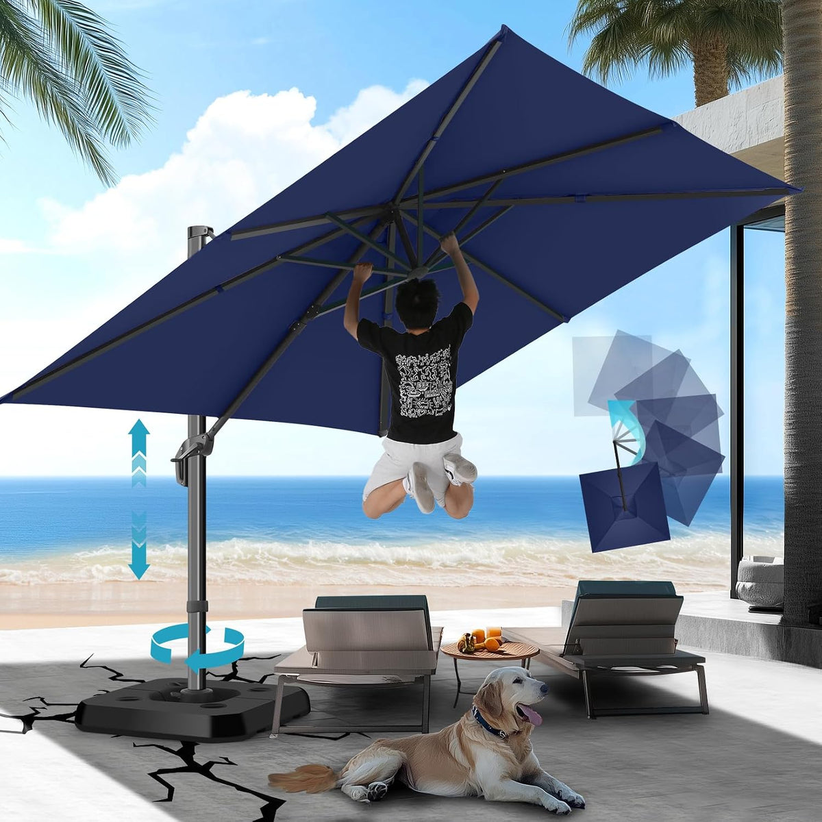 Navy offset umbrella open over lounge chairs on a seaside patio with a dog resting in shade