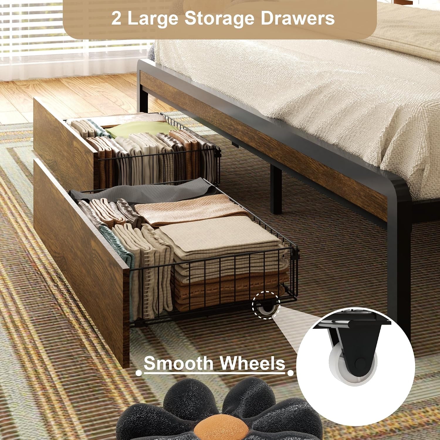 Close-up of a storage drawer pulled out showing wire basket and smooth caster wheels