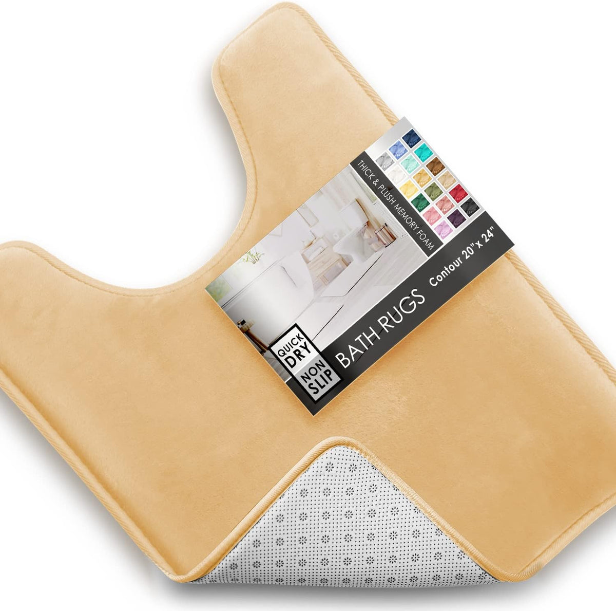 Overhead view of a light tan contour bath rug with label placed on the center and the underside's dotted grip exposed