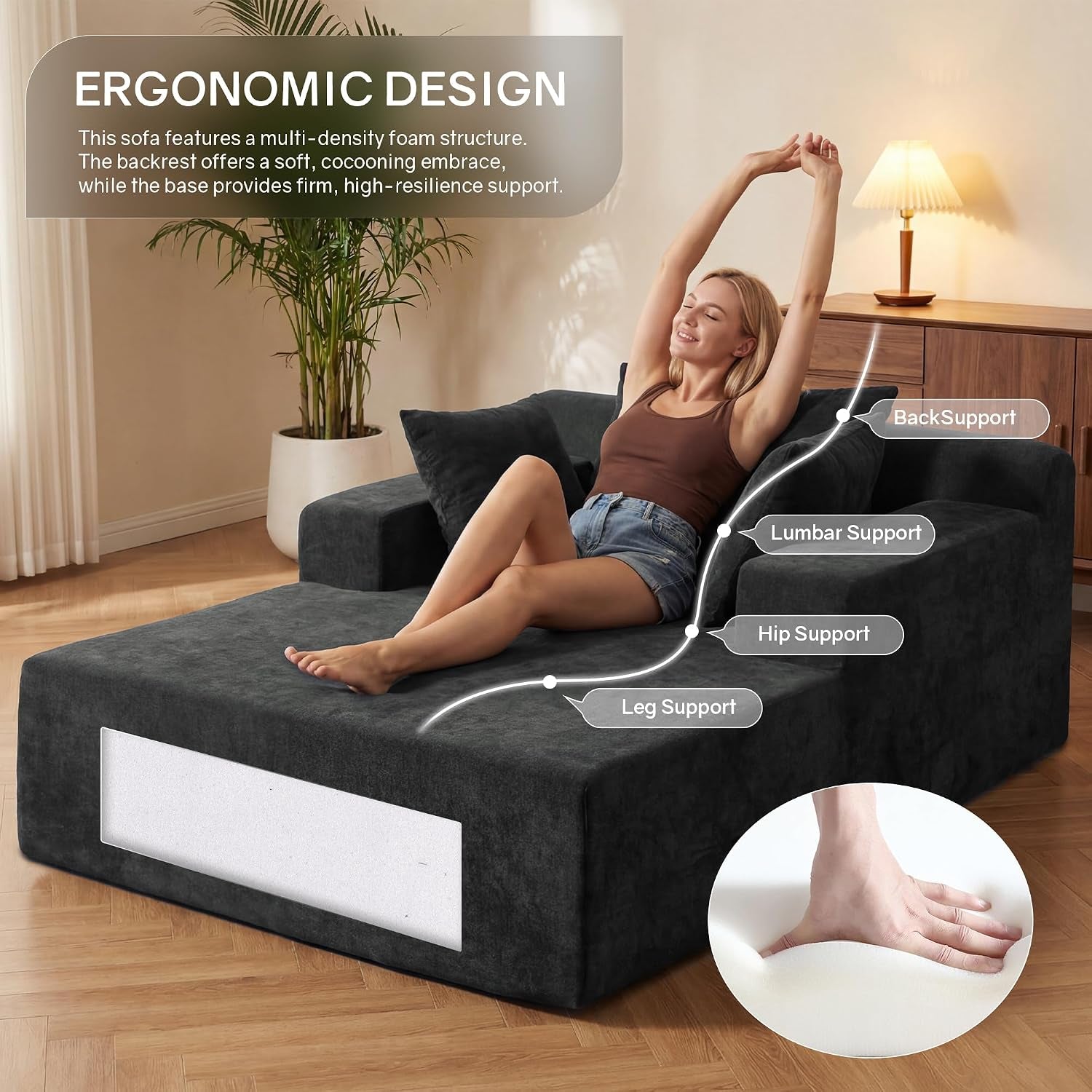 Dark grey chaise lounge with ergonomic overlay labels highlighting back, lumbar, hip and leg support and a foam close-up