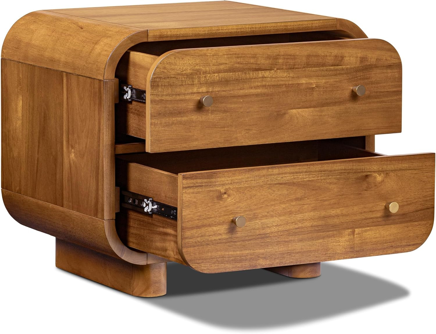 Angled front view of a walnut-finished nightstand with two drawers open, rounded corners, and small round metal knobs
