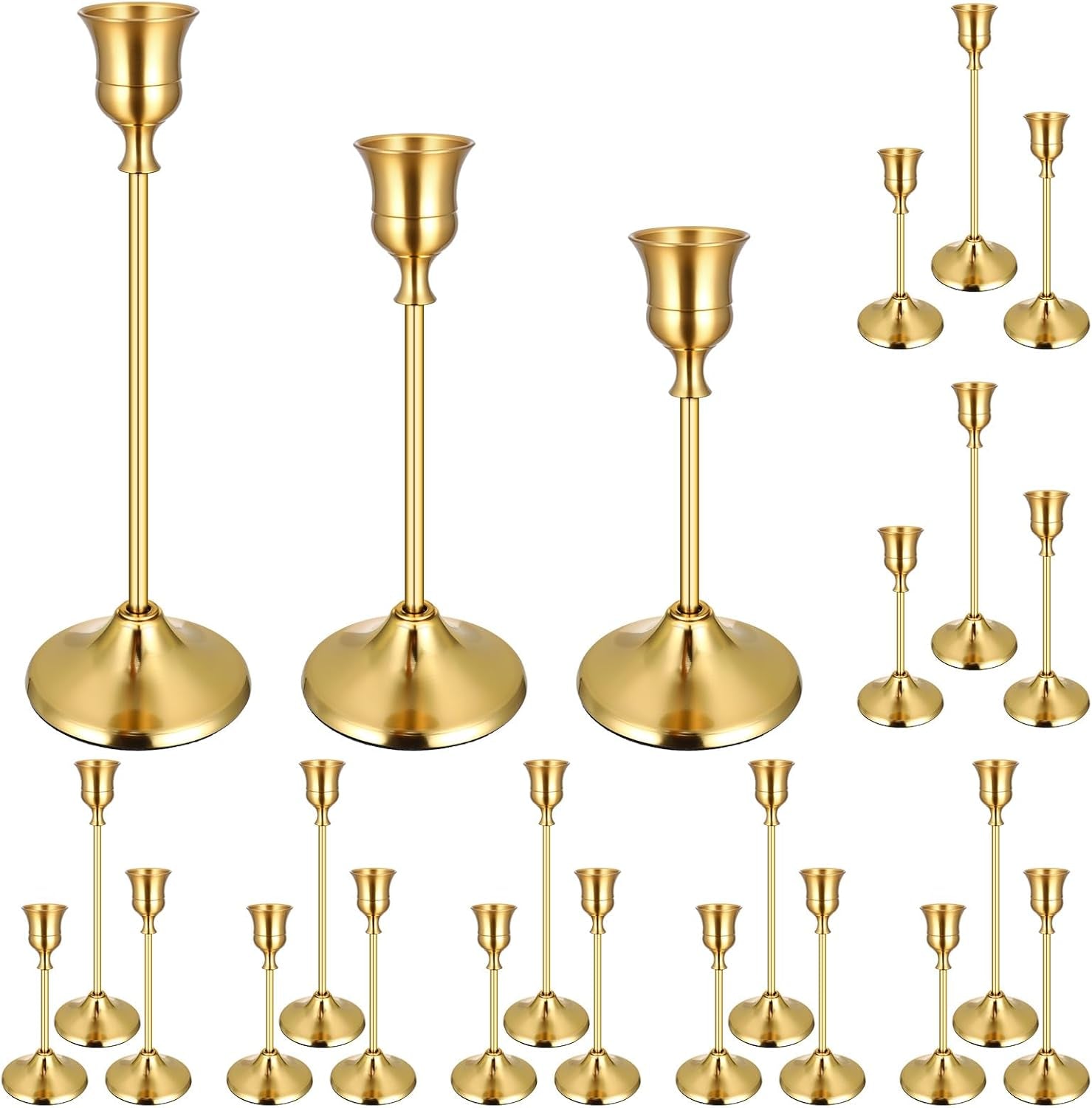 Close-up of three gold candlesticks above a grid of multiple smaller gold holder thumbnails.