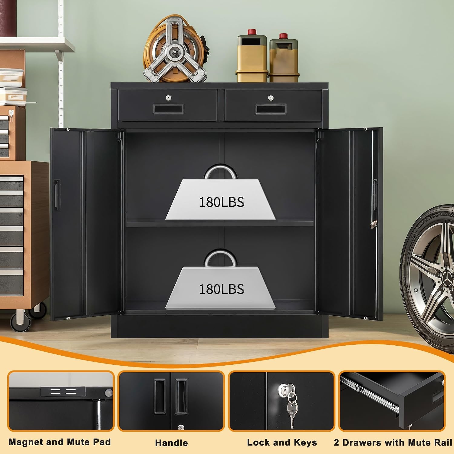 Open cabinet interior showing an adjustable shelf labeled 180 lb capacity with feature callouts beneath