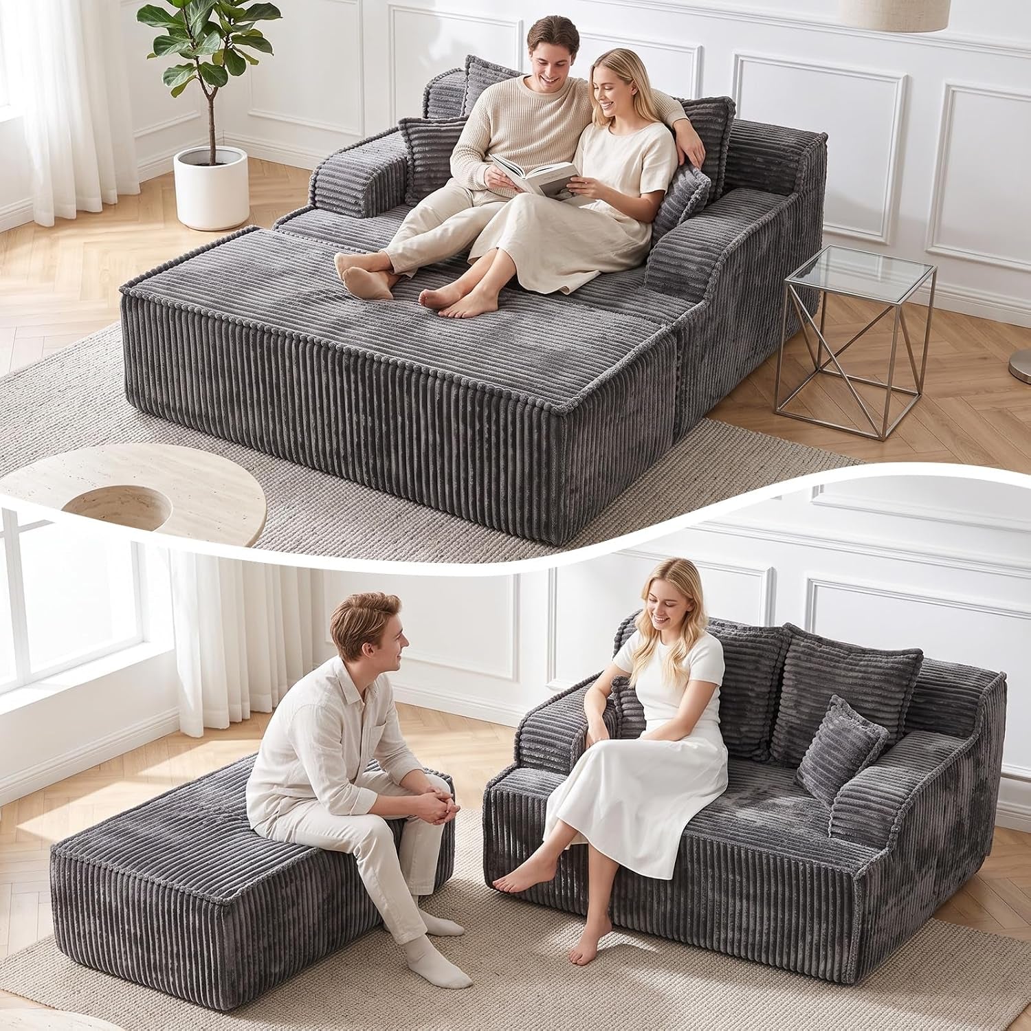 Man and woman interacting around a low ottoman and a roomy chaise with three cushions