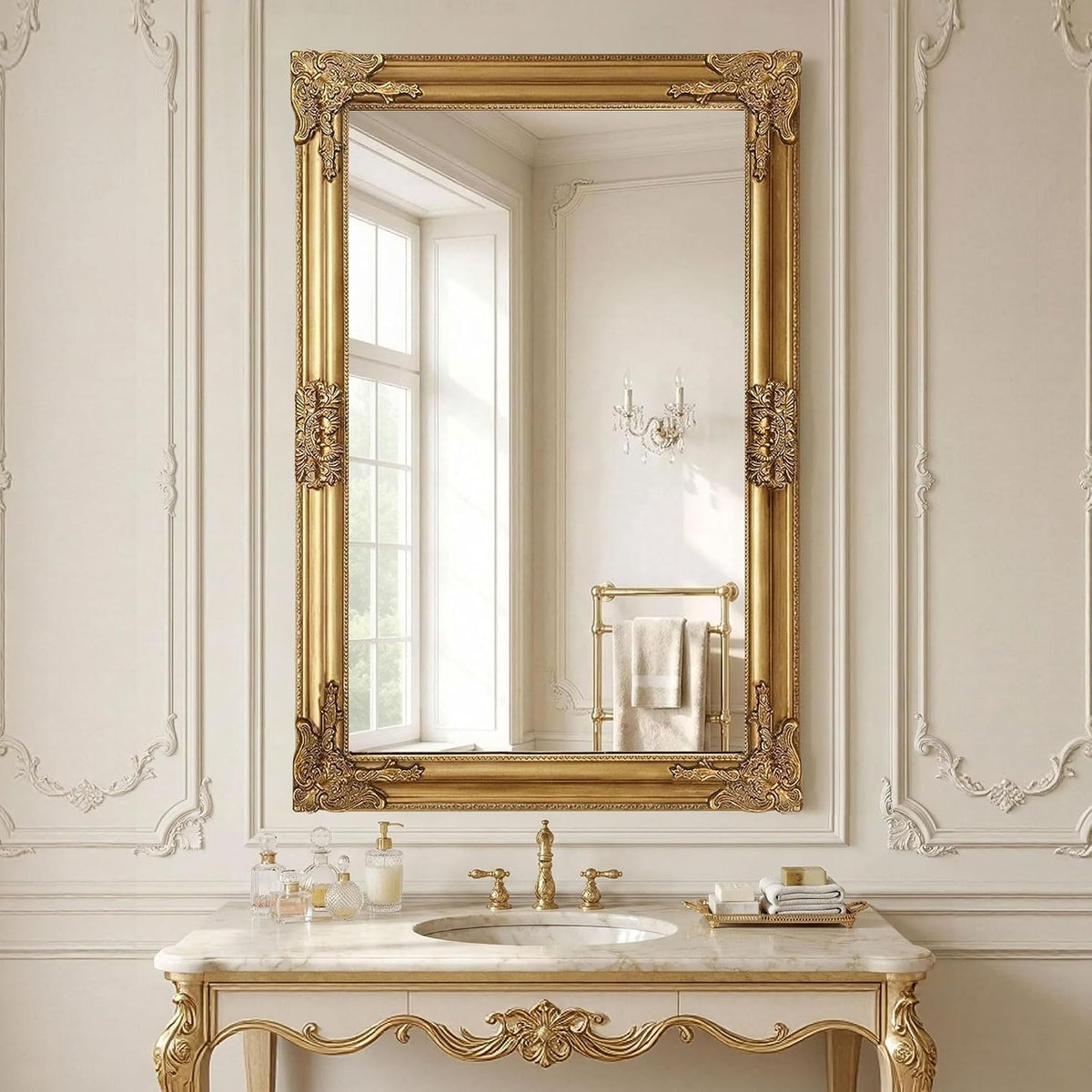 Vintage Gold Mirror for Wall, 30"x45" Antique Ornate Gold Mirror Baroque | HD Tempered Glass, Distressed, gallery view 8