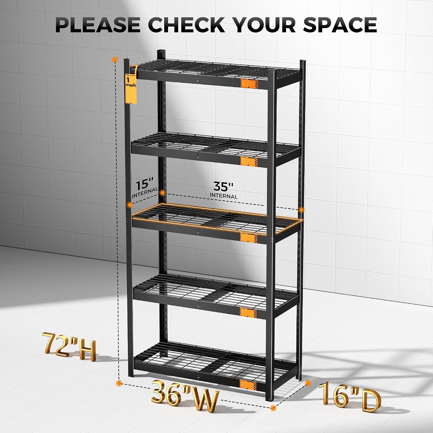 Black 5-tier wire shelf with dimensional callouts showing 36 in W x 16 in D x 72 in H, empty.