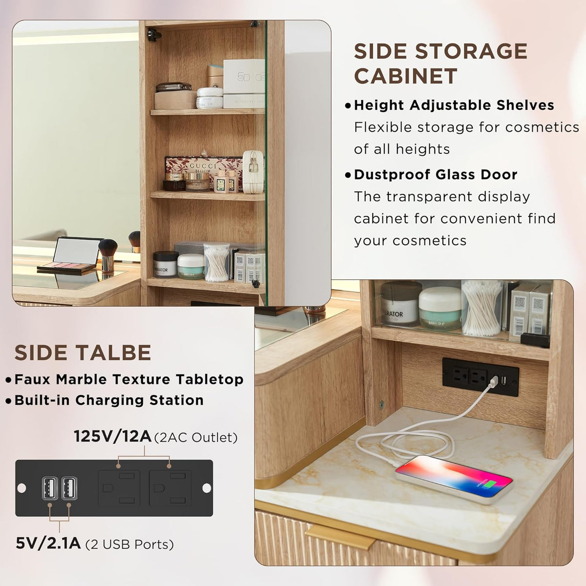 Side cabinet close-up with glass-door shelves, faux marble texture side tabletop and visible built-in power outlet with USB