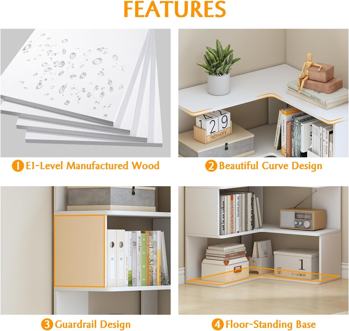 Four-panel feature collage showing material, curved shelf edges, guardrail detail and floor-standing base