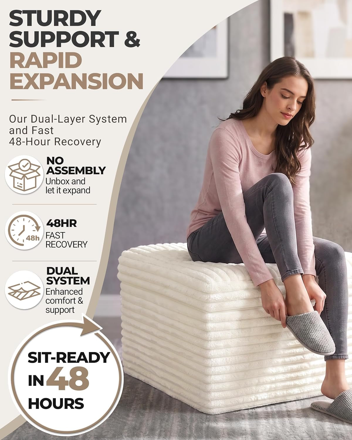 Woman sitting on a beige corduroy pouf demonstrating sit-ready support and the pouf in a room setting