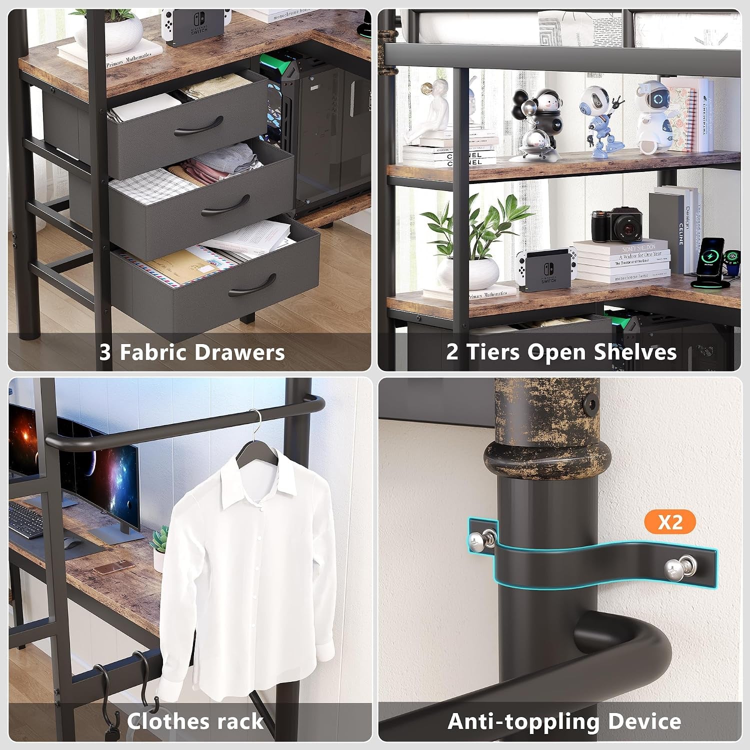 Four panels showing three fabric drawers, two open wood-effect shelves, a clothes hanging rack and an anti-toppling bracket
